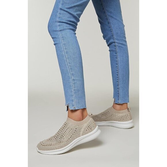 🆕 Women's Rhinestone Mesh Slip-On Walking Shoes Fashion Sneaker Beige Fabric - Picture 6 of 8